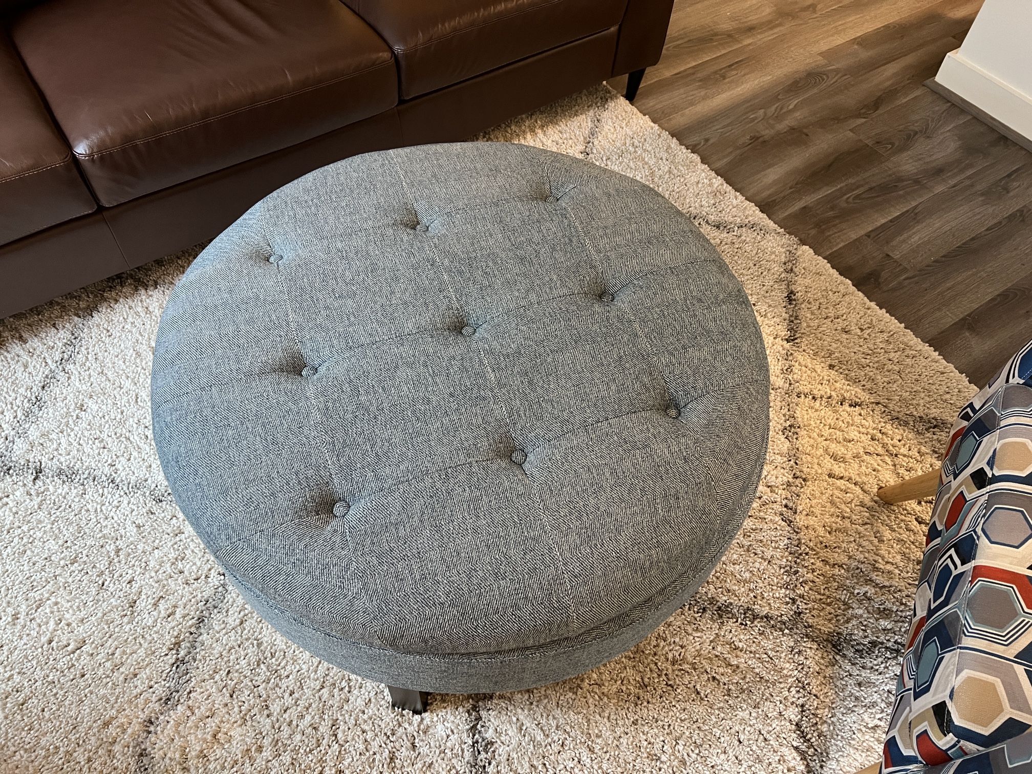 Upholstered Round Ottoman with Storage - Like New