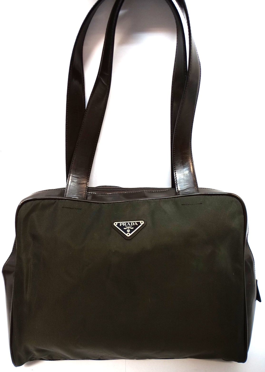 PRADA Nylon Tote Bag Green Khaki, Brown Leather, Women Medium Handbag with Keys