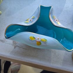 Czech Art Glass Aqua Teal Blue Ruffle Folded Edge Candy Bowl Dish