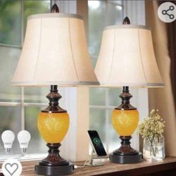 0692: (K) NEW Bedside Table Lamp Set of 2 with Nightlight 2 USB Dark Bronze Finish Soft Bell Shade Decor for Bedroom Living Room Reading Houses Home O