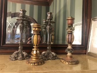 Ornate Candle stick holders Silver Plated And Wood Sets