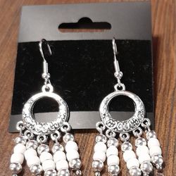 Round Silver Plated White Beaded Earrings 