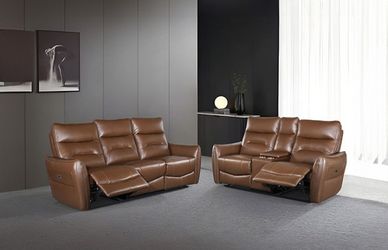 Brand New Caramel Brown Leather Power Reclining Sofa & Loveseat