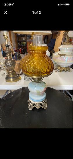 Vintage Hurricane Table Lamp Amber Glass Shade