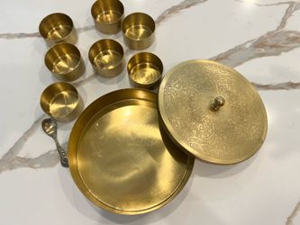 Brass 7 Containers with Lid & Spoon Traditional Indian Masala Box For Spices, Herbs & Condiments