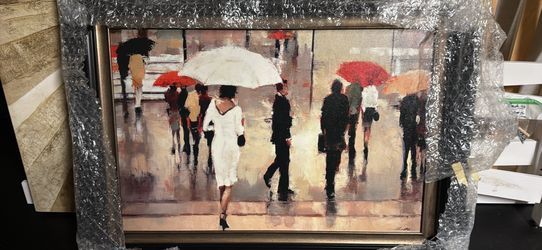 Framed Painting of People with Umbrellas