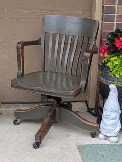 Antique Colonial Chair Co Chicago Sawn Oak Bankers Adjustable Swivel Chair Olive Green