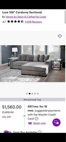 Luxe 108” Gray Corduroy Sectional Sofa Great Condition