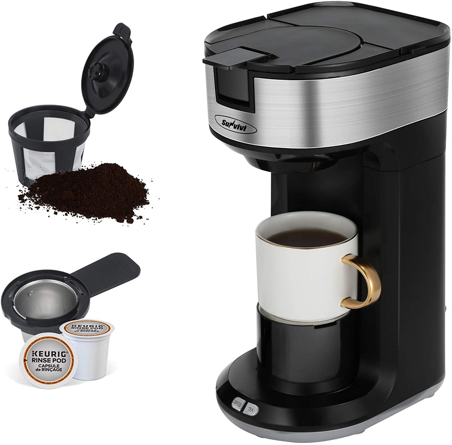 K Cup Coffee Maker for Capsule Pod Ground Coffee, Single Serve Coffee Maker with Permanent Filter 6-14oz Reservoir, Coffee Machine with Regulator One-