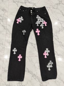 Chrome Hearts Black Pink & Checkered Cross Patch Fleur Jeans