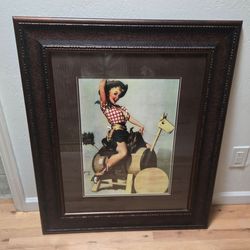 Vintage Gil Elvgren Pin Up Cowgirl Framed Art Print 39x32"