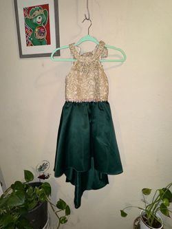 Girls Formal Dress Gold Sequin Green Satin