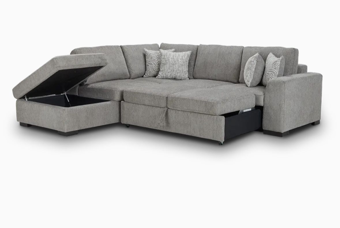 Gray Sectional With Hidden Storage & Full Size Sleeper