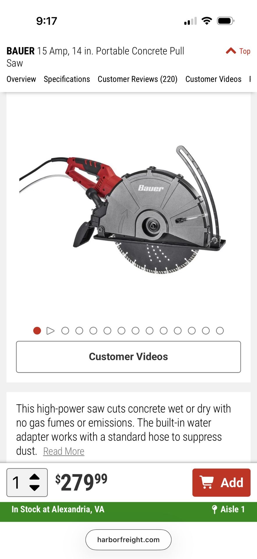 Bauer 14 Inch Wet Concrete Saw With Diamond Blade