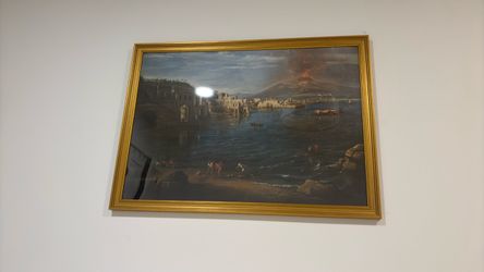 Gold Framed Coastal Landscape Painting with Volcano