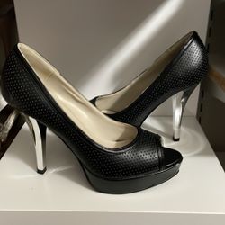 Black mirror faux leather high heel open toe closed heel shoe 4.5” 1” platform 6