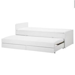 SLÄKT
Bed frame w/pull-out bed + storage, white, Twin