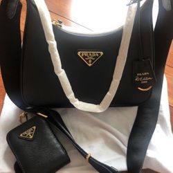 Authentic Prada Re-Edition 2005 Saffiano Leather Bag with Strap, Black And Gold Hardware