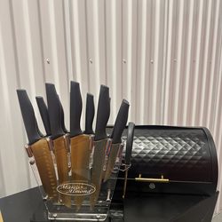 Kitchen Knife Set & Bread Container black & gold $50ea or $75 2-piece set