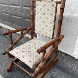 Antique 19th Century Rosewood And Upholstered American Rocking Chair With Foot Stool