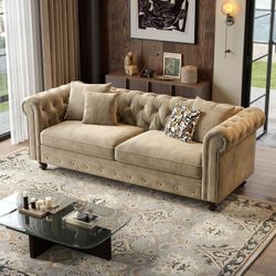 82 Inch Chesterfield Sofa, 23 Inch Deep Seat Velvet Couch for Living Room, Button Tufted Couch with Rolled Arms, 2 Throw Pillows, Comfy Vintage Lovese