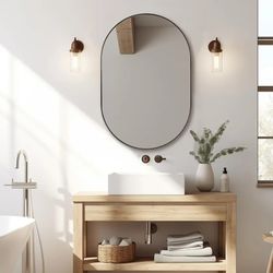 Brushed Nickel Oval Bathroom Mirror, 24x36 Nickel Pill-Shaped Mirror, Oval Mirrors Wall-Mounted Mirror Vertical/Horizontal