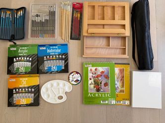 Brand New Complete Art Supply Set - Paints, Brushes, Easel Box & Canvases