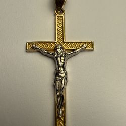 Real 10k Yellow & White Gold Jesus Cross Crucifix Charm Pendant 1.5” Inches Long 16mm Wide Bail Opening 4mm