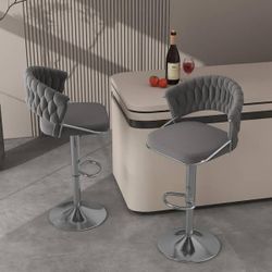 Modern Gray Low Back Silver Metal Frame Adjustable Height Swivel Bar Stool with Velvet Seat (Set of 2)