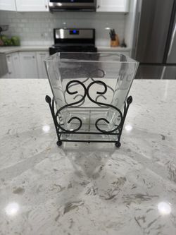 Glass Vase with Black Metal Scrollwork Stand