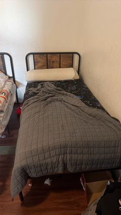 Twin Metal Bed Frame with Wood Headboard