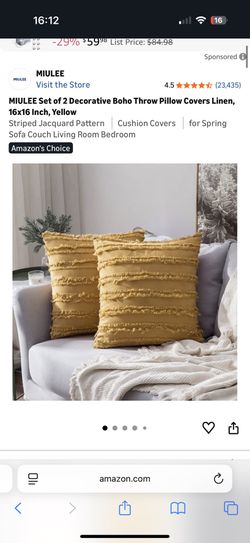 Set of 2 Decorative Boho Throw Pillow Covers Linen, 18x18 Inch, Yellow