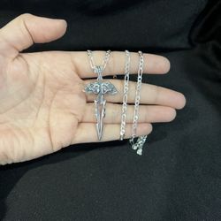 925 Sterling Silver Men Women Skulls Sword Biker Pendant & Figaro Chain