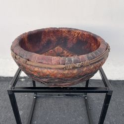 Unique Antique West Australian Leather Basket w/Rattan Woven Outside