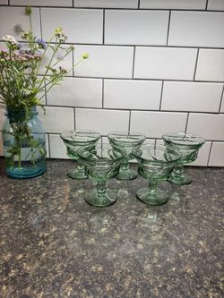 5  Vintage Fostoria Jamestown Green Footed 5 Champaign Glasses 8oz