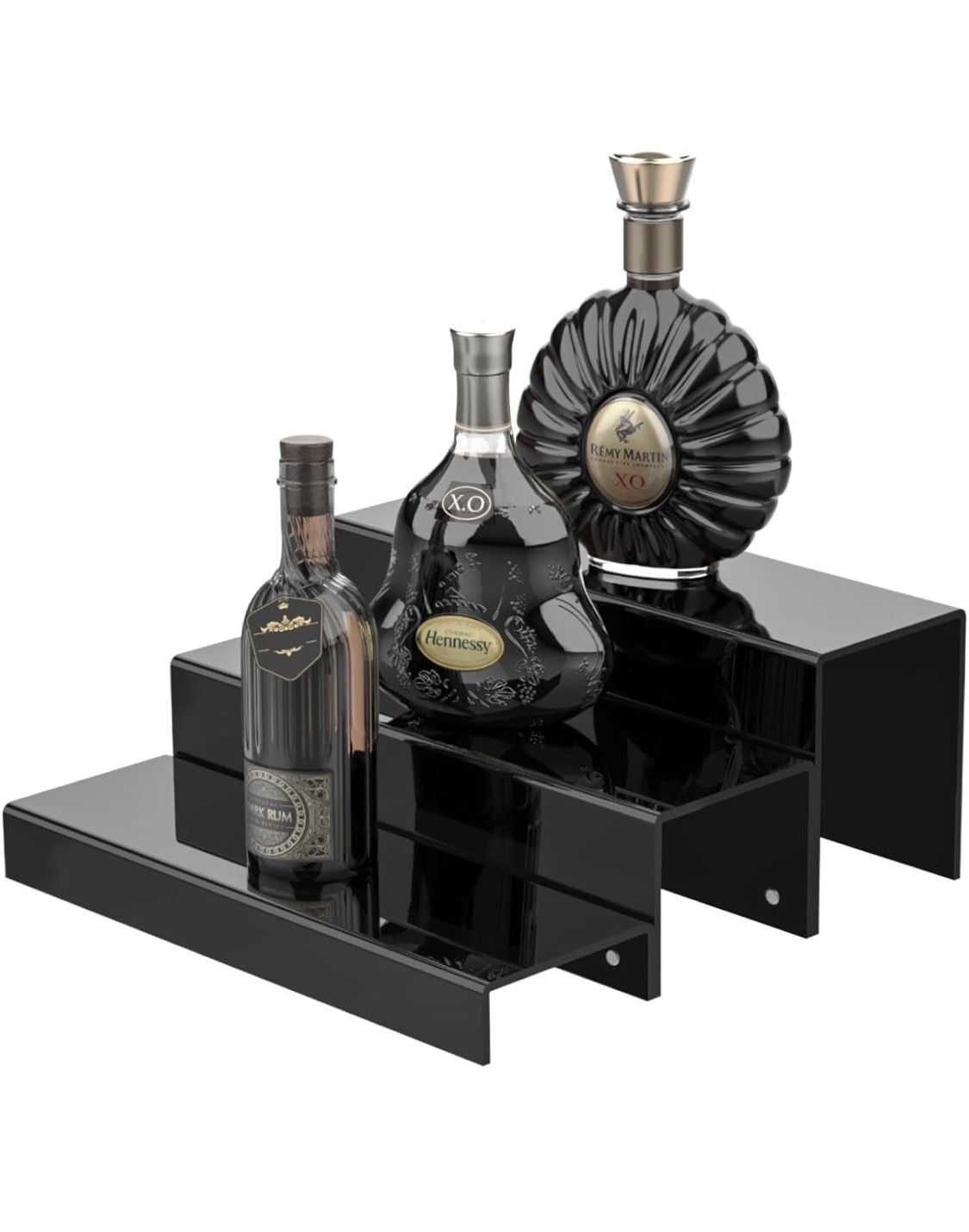 2 Pack Tiers Bar Shelves for Liquor Bottles, 15" Clear Acrylic Risers Display Racks Stands for Figures Pops Cupcake Perfume Collections (Black)