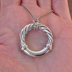 Rare & Retired David Yurman Round Metro Pendant w/Attached DY Chain- 18K/925