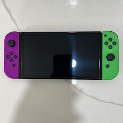 OLED Nintendo Switch Console with Purple/Green Controllers and Charger 