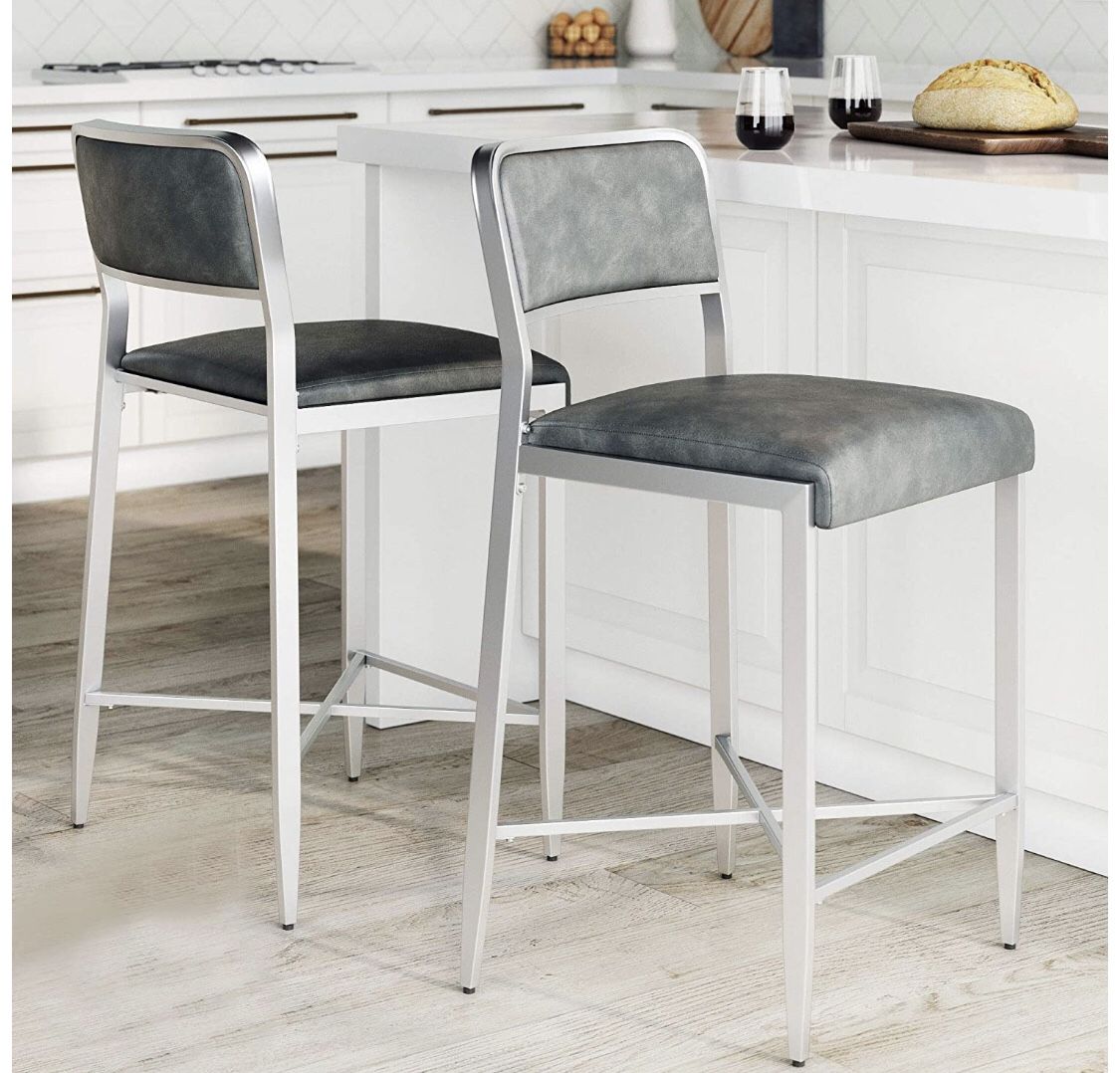 Bar Stool Set of 2 Leather Cushion Metal Frame, 24" with Backrest, Gray/Silver