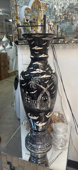 Tropical scene ceramic floor vase 34”