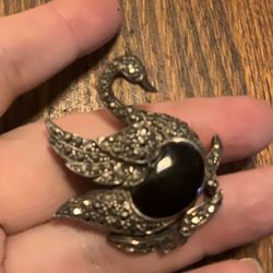 Sterling Silver Marcasite Black Onyx Swan Brooch Vintage.