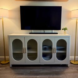 ✨ Modern Off-White Fluted Glass 4-Door Cabinet – Gold Handles + Adjustable Shelves ✨