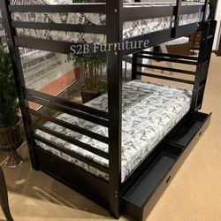 Twin twin size black Bunkbed with drawers and mattress included