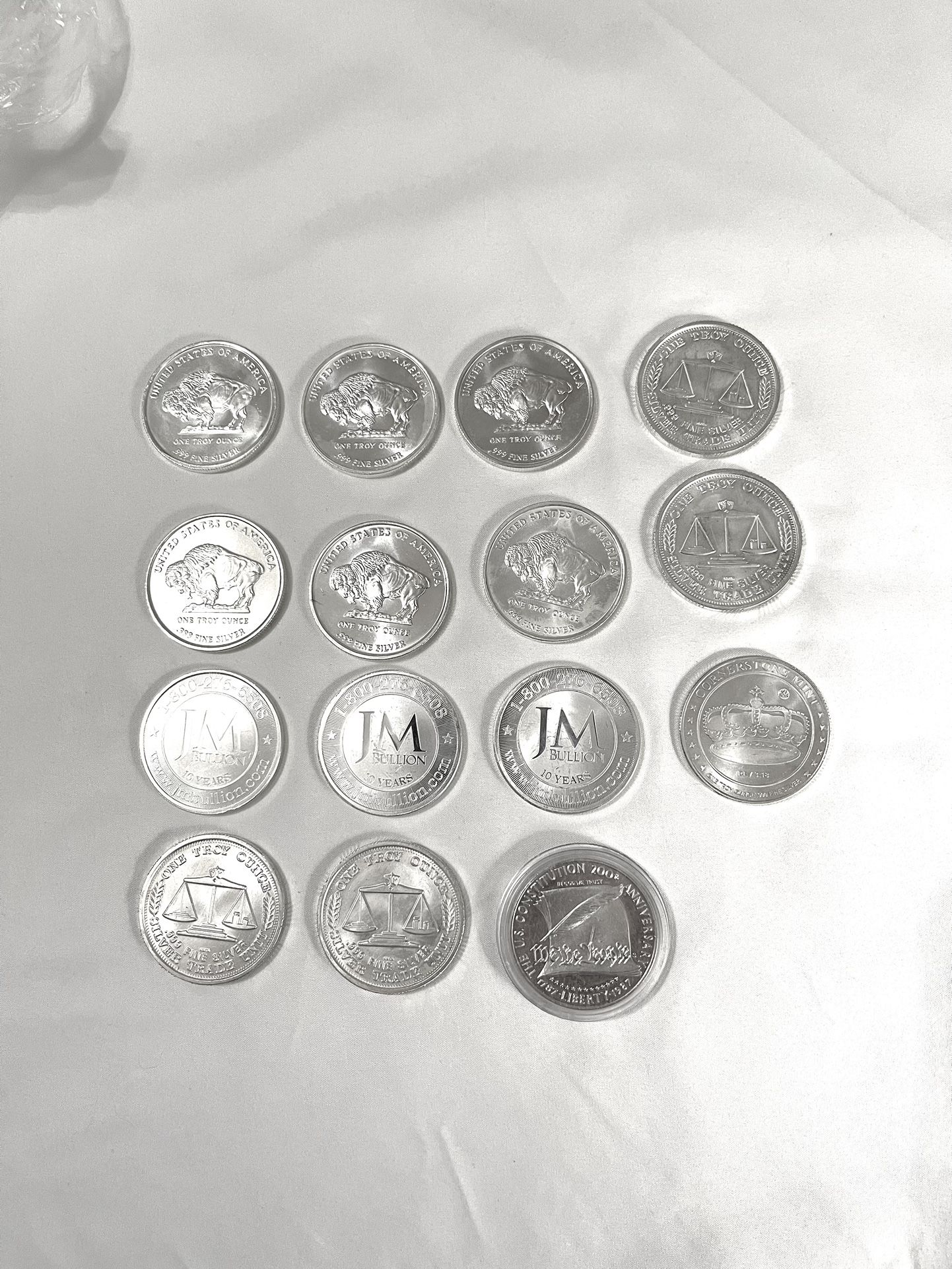 In Great Condition (14) .999 Fine Silver 1 Troy Oz Each Different Designs Silver Rounds & 1987 Issue “We The People” Liberty Silver Dollar Proof