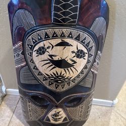 Large Hand-Carved Fijian Tribal Mask Wall Art – Ocean Theme Turtles Crab Fish – 27”