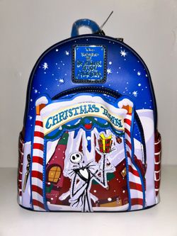 Loungefly mini backpack features a vibrant "Christmas Town" design from The Nightmare Before Christmas
