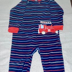 Carter's Blue and Red Footies One Piece with Stripes and a Red Firetruck