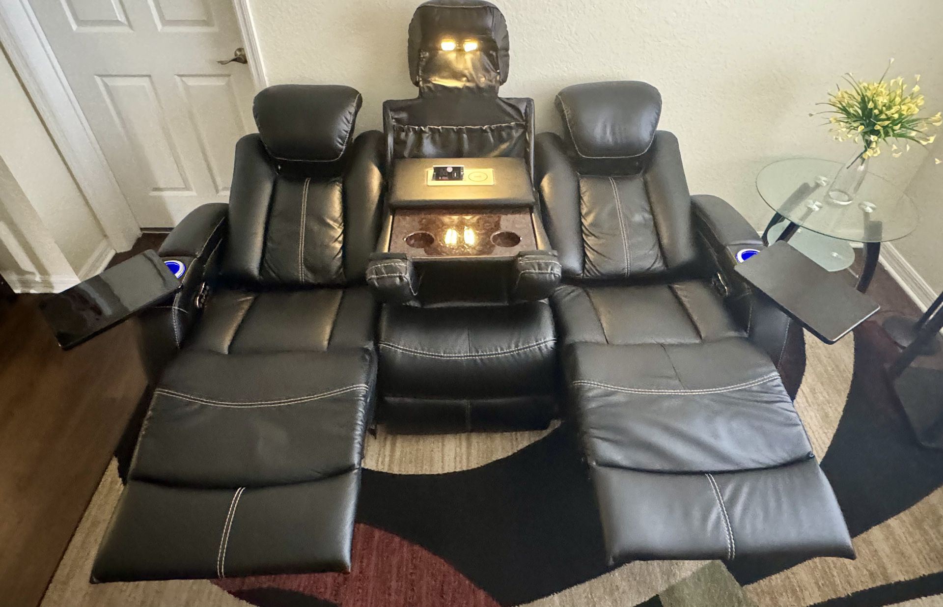 Home Theater Seating - Leather Gel -Power Recline - Power Headrests - AC and USB Charging - Lighted