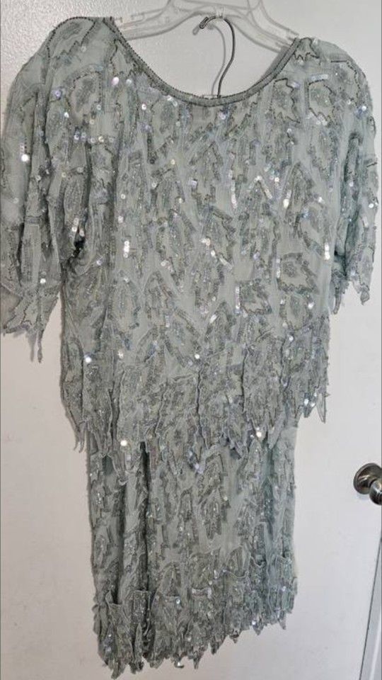Scala Vtg 100% Silk Green 2pc Sequin Skirt Set Size Small-Medium