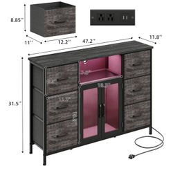 Dresser for Bedroom with Charging Station & LED Lights, Grey 6 Drawer Dresser with Adjustable Feet, Wide Anti-Tip TV Stand for 60" TV, Fabric Chest of
